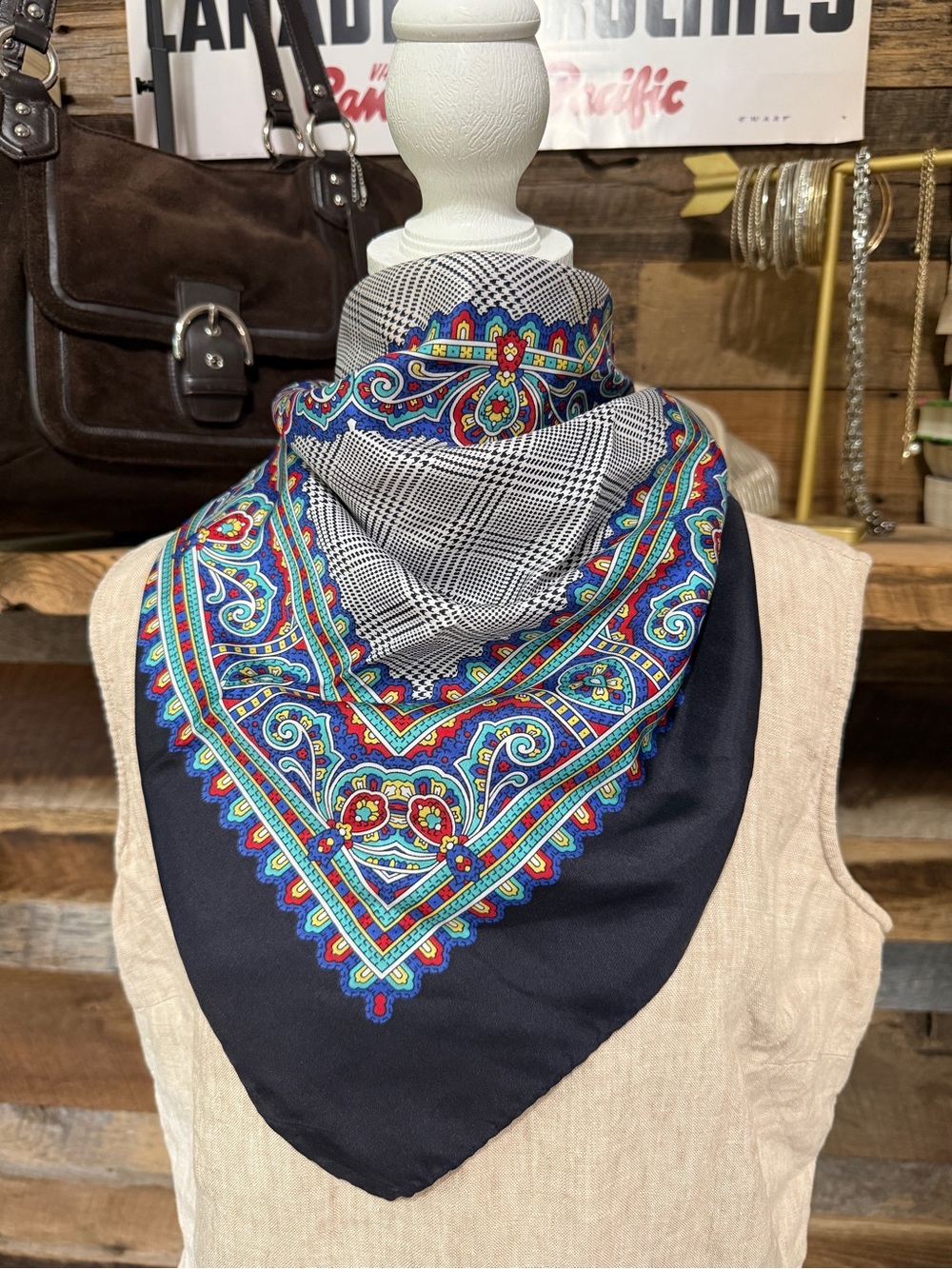 Vibrant Paisley Border Silk Scarf - Black Base with Multicolor Accents